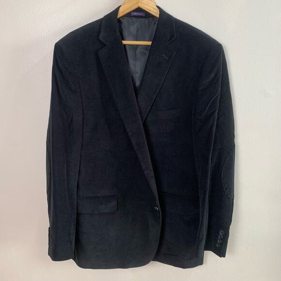 Stafford 48 Reg Classic Black Corduroy Sport Coat Blazer Jacket Elbow Patches - Picture 6 of 16